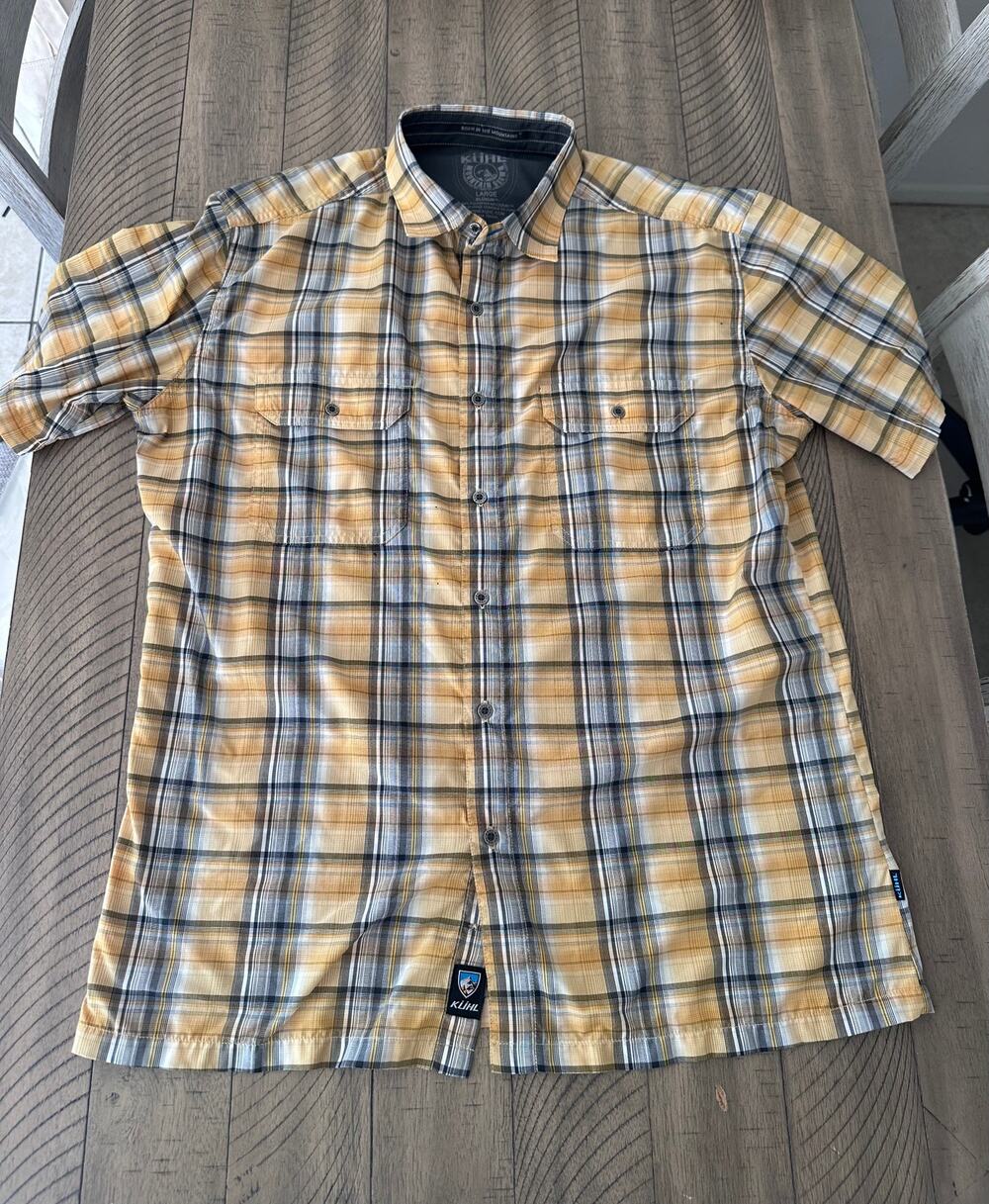 Kuhl Eluxur Men's Large Yellow Plaid Short Sleeve Button Up Hiking Shirt Outdoor